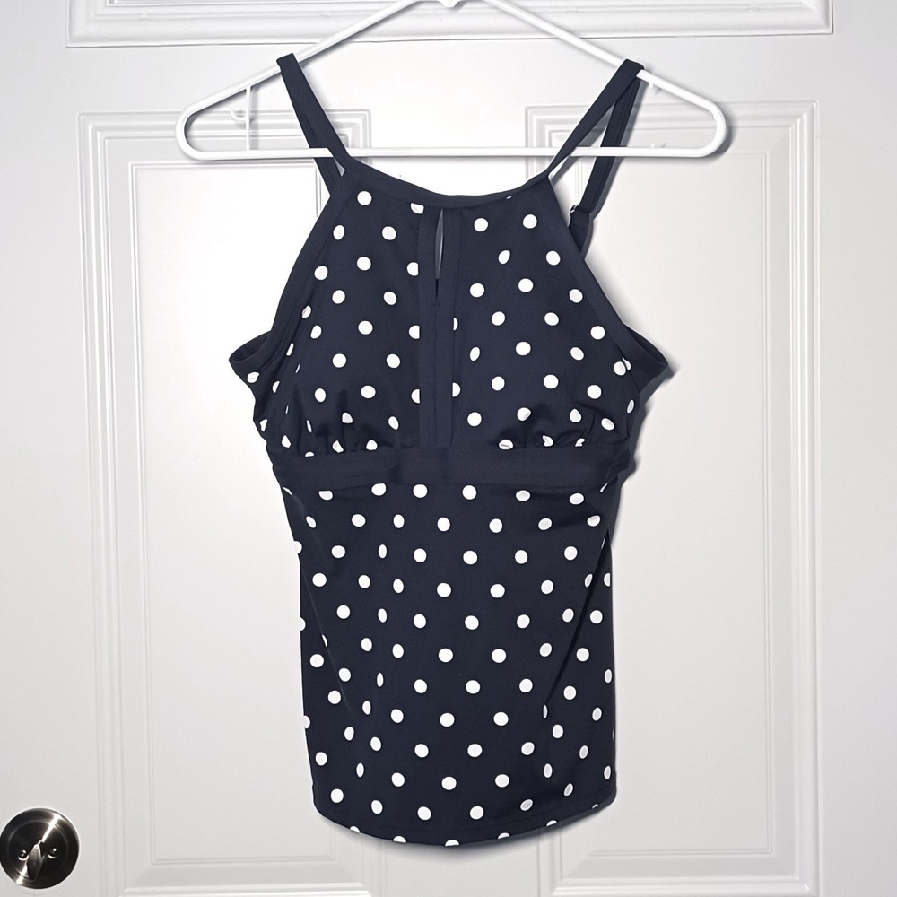 Lands End Womens Polka Dot Keyhole High Neck Tankini Swim Top Navy Blue 6 NEW